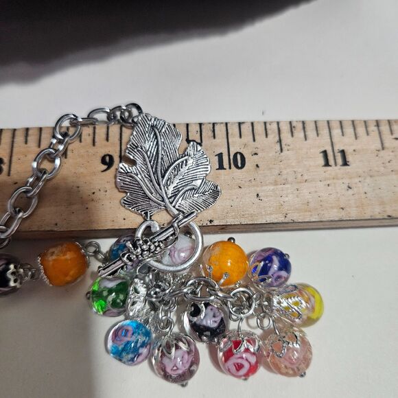 Leaf Clasp Glass Bead Necklace Asymetrical Colorful Art Teacher Drop Pendant 20" - Picture 3 of 4